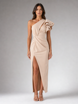 Océane One-Shoulder Midi Dress | Women's Ruffle Side-Slit Dress in Apricot