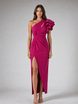 Océane One-Shoulder Midi Dress | Women's Ruffle Side-Slit Dress in Rose Red
