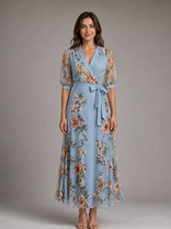Amaya Floral Wrap Maxi Dress | Women's Tie-Waist Occasion Dress in Light Blue