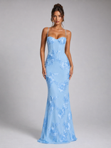Colette Floral Corset Maxi Dress | Women's Embroidered Occasion Dress in Light Blue