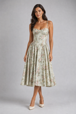 Valeria Floral Corset Midi Dress | Women's Wedding-Guest Dress in Green