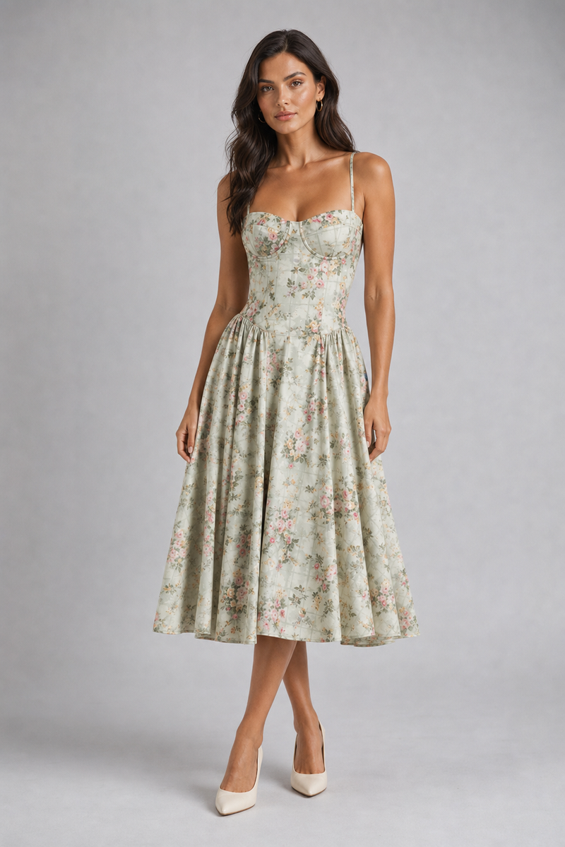 Valeria Floral Corset Midi Dress | Women's Wedding-Guest Dress