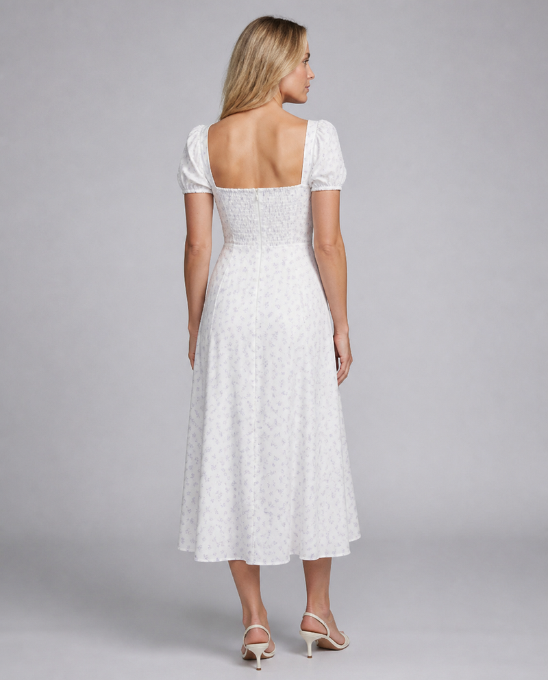 Lila Floral Corset Midi Dress | Women's Puff-Sleeve Boho Dress