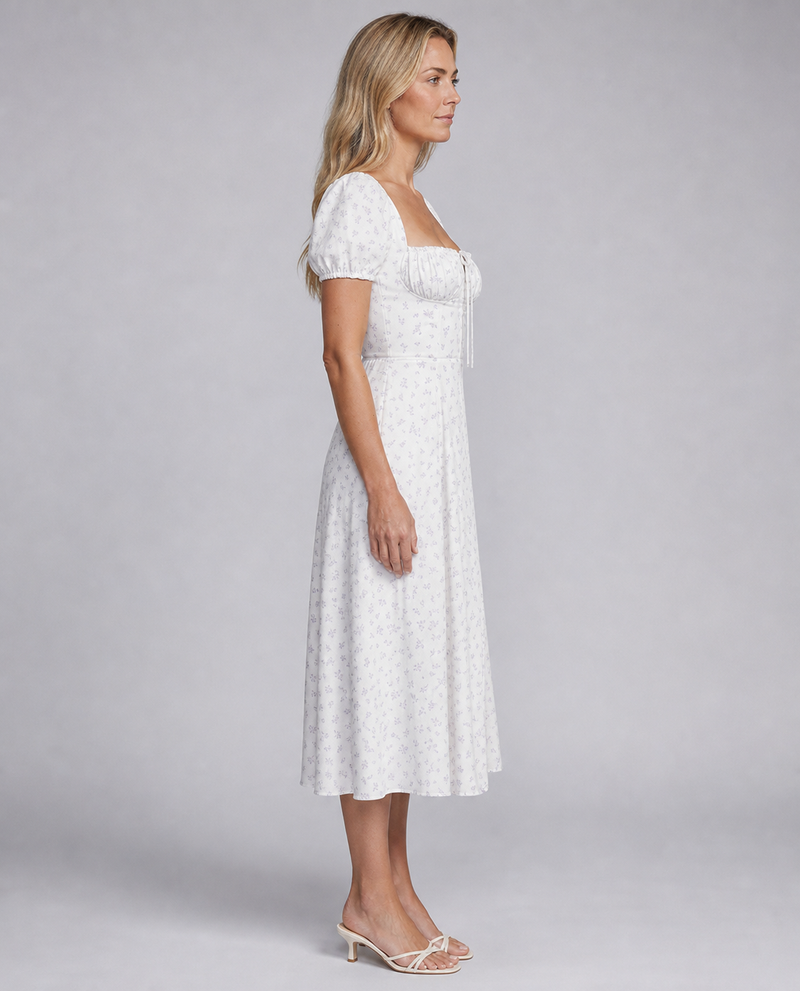 Lila Floral Corset Midi Dress | Women's Puff-Sleeve Boho Dress