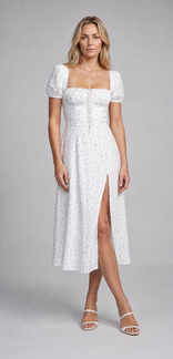 Lila Floral Corset Midi Dress | Women's Puff-Sleeve Boho Dress in White
