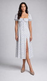 Lila Floral Corset Midi Dress | Women's Puff-Sleeve Boho Dress in Light Blue