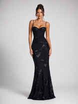 Salma Floral Corset Maxi Dress | Women's Embroidered Occasion Dress in Black