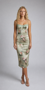 Isolde Floral Corset Midi Dress | Women's Strapless Occasion Dress in Green