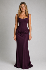 Ruby Corset Maxi Dress | Women's Square-Neck Lace-Up Gown in Brown