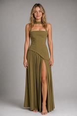 Elsin Slip Maxi Dress | Women's Streamlined Occasion Dress in Olive