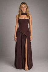 Elsin Slip Maxi Dress | Women's Streamlined Occasion Dress in Cocoa