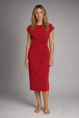 Renny Ruched Midi Dress | Women's Cap-Sleeve Round-Neck Day Dress in Red