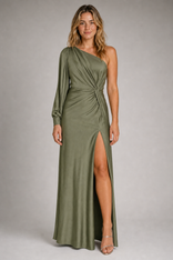 Valentina One-Shoulder Maxi Dress | Women's High-Slit Evening Gown in Olive Green