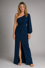 Valentina One-Shoulder Maxi Dress | Women's High-Slit Evening Gown in Dark Blue