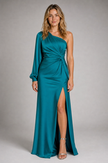 Valentina One-Shoulder Maxi Dress | Women's High-Slit Evening Gown in Turquoise