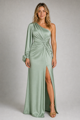 Valentina One-Shoulder Maxi Dress | Women's High-Slit Evening Gown in Mint Green