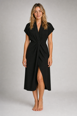 Chloe Wrap Midi Dress | Women's V-Neck Front-Slit Occasion Dress in Black