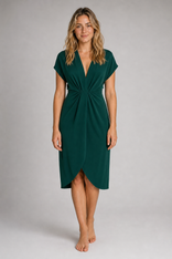 Chloe Wrap Midi Dress | Women's V-Neck Front-Slit Occasion Dress in Dark Green