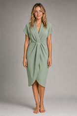 Chloe Wrap Midi Dress | Women's V-Neck Front-Slit Occasion Dress in Sage Green