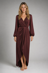 Myra Wrap Midi Dress | Women's Long-Sleeve Asymmetric Occasion Dress in Bordeaux