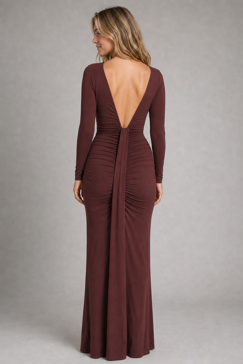 Bryson Halter Maxi Dress | Women's Long-Sleeve Plunge Occasion Dress