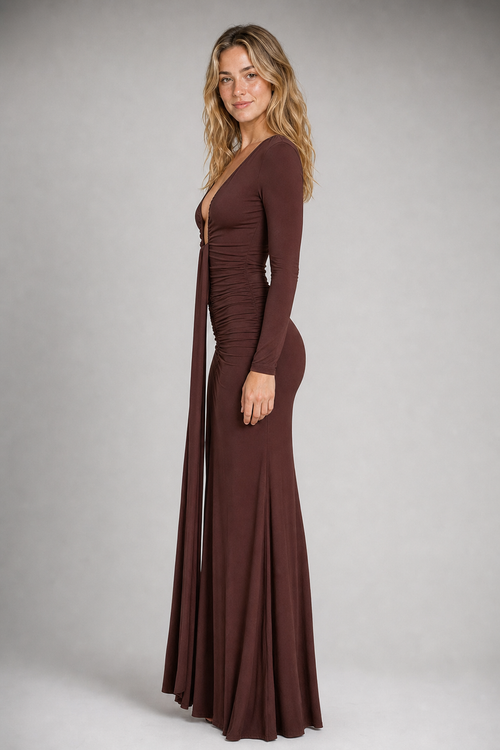 Bryson Halter Maxi Dress | Women's Long-Sleeve Plunge Occasion Dress