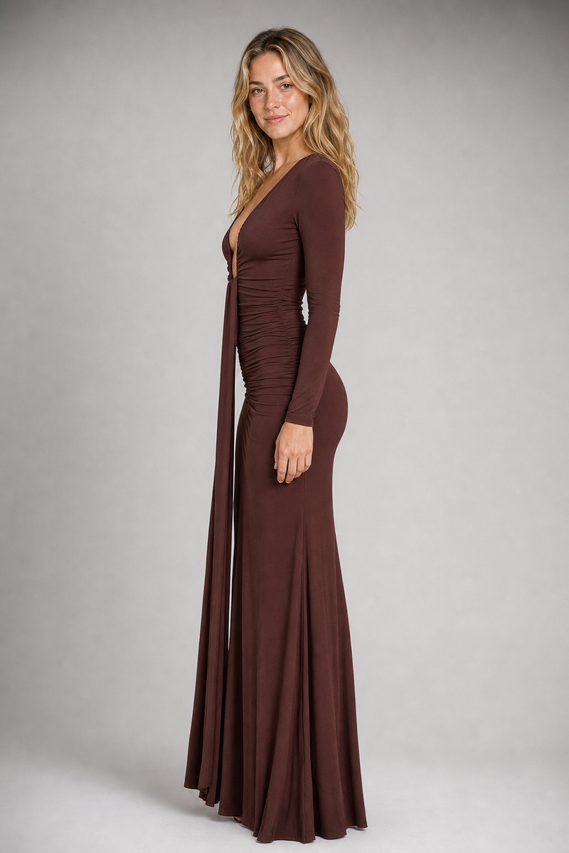 Bryson Halter Maxi Dress | Women's Long-Sleeve Plunge Occasion Dress