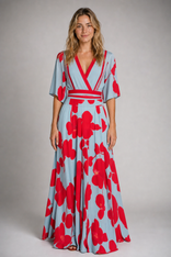 Poppy Floral Wrap Maxi Dress | Women's Deep-V Occasion Dress in Blue & Red