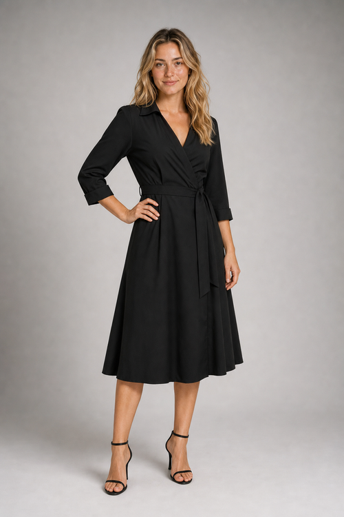 Marla Wrap Midi Dress | Women's Collared Tie-Waist Workwear Dress