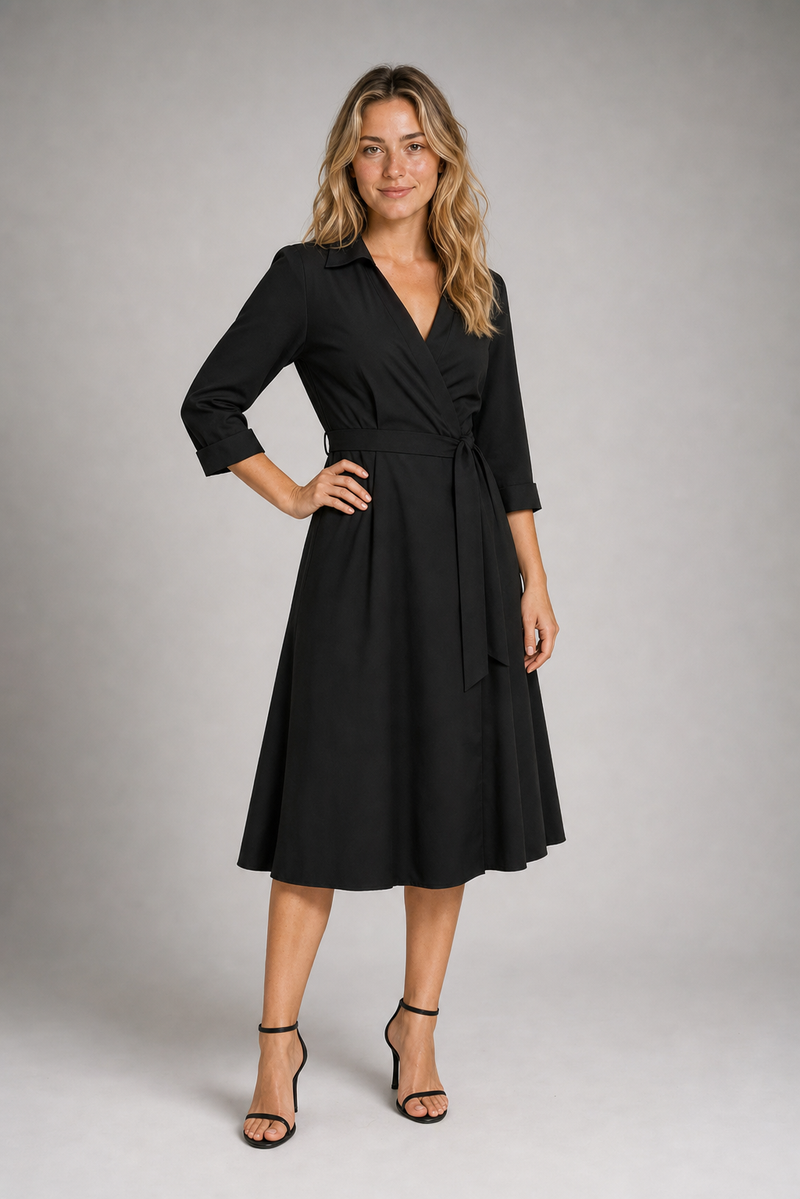 Marla Wrap Midi Dress | Women's Collared Tie-Waist Workwear Dress