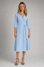 Marla Wrap Midi Dress | Women's Collared Tie-Waist Workwear Dress in Sky Blue