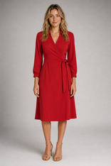 Marla Wrap Midi Dress | Women's Collared Tie-Waist Workwear Dress in Red