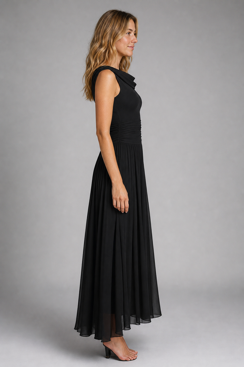 Delta Cowl-Neck Midi Dress | Women's Draped Pleated Occasion Dress
