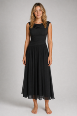 Delta Cowl-Neck Midi Dress | Women's Draped Pleated Occasion Dress in Black