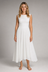 Delta Cowl-Neck Midi Dress | Women's Draped Pleated Occasion Dress in White