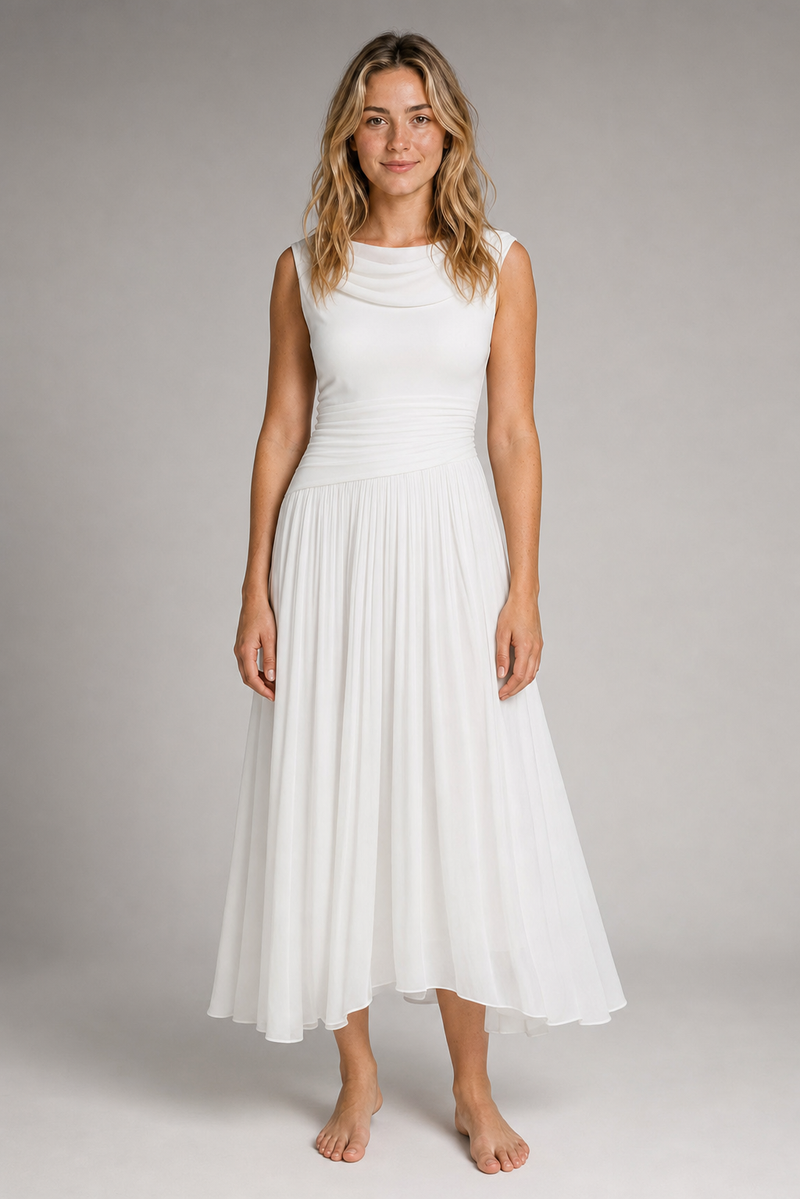 Delta Cowl-Neck Midi Dress | Women's Draped Pleated Occasion Dress