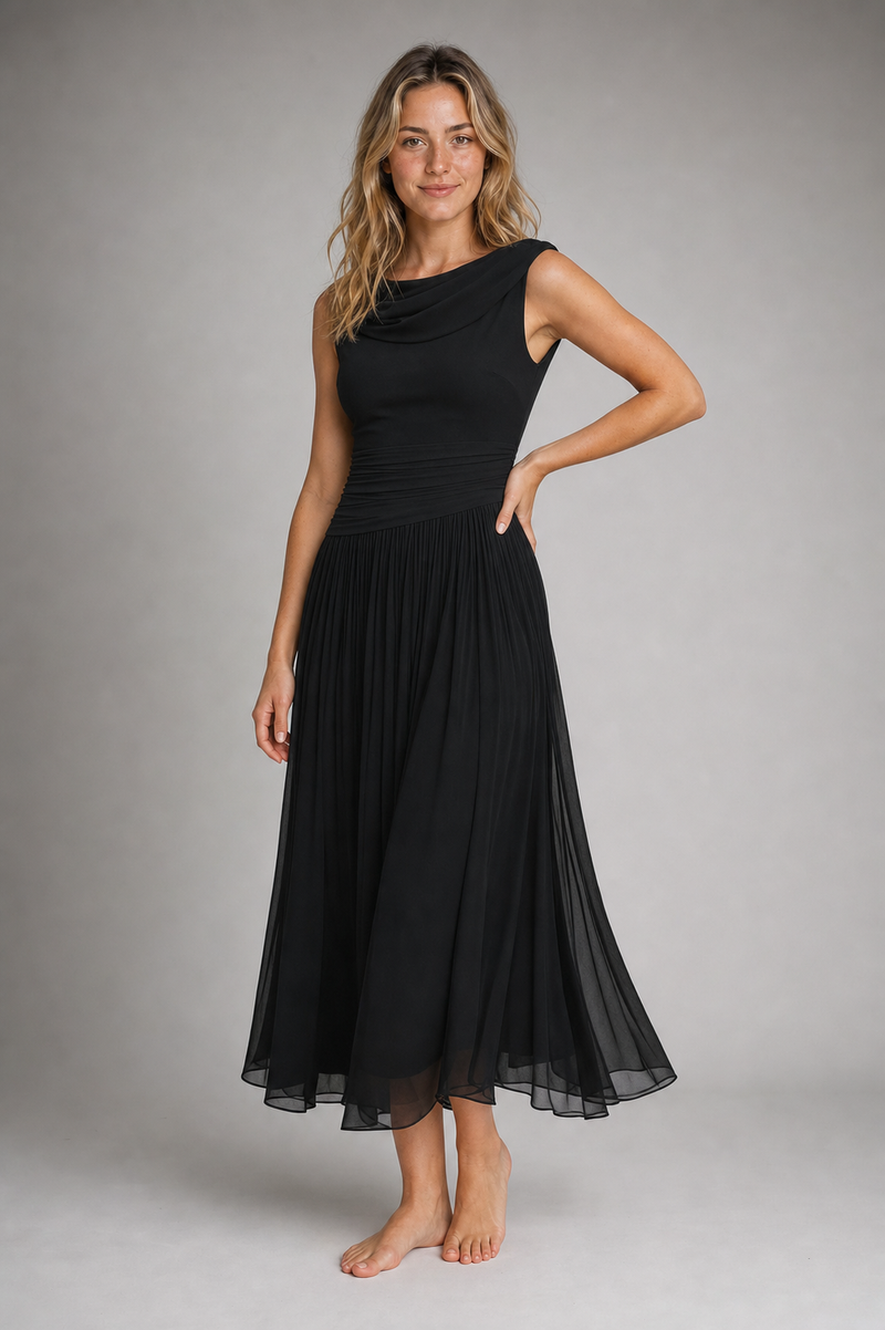 Delta Cowl-Neck Midi Dress | Women's Draped Pleated Occasion Dress