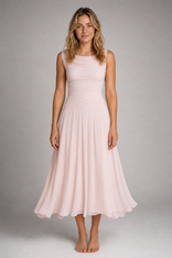 Delta Cowl-Neck Midi Dress | Women's Draped Pleated Occasion Dress in Pink