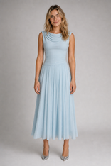 Delta Cowl-Neck Midi Dress | Women's Draped Pleated Occasion Dress in Sky Blue