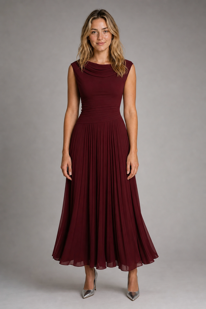 Delta Cowl-Neck Midi Dress | Women's Draped Pleated Occasion Dress