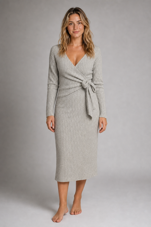 Della Ribbed Wrap Midi Dress | Women's Long-Sleeve Tie-Waist Dress