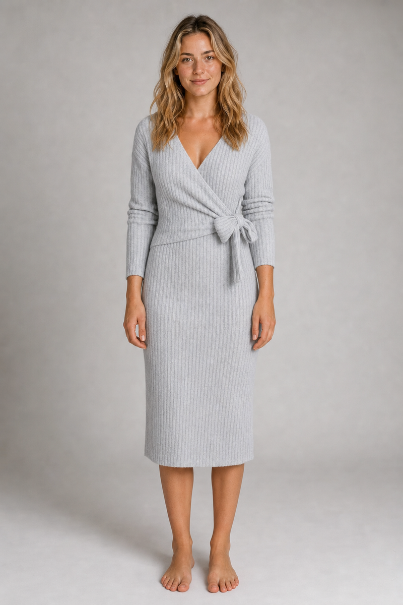 Della Ribbed Wrap Midi Dress | Women's Long-Sleeve Tie-Waist Dress