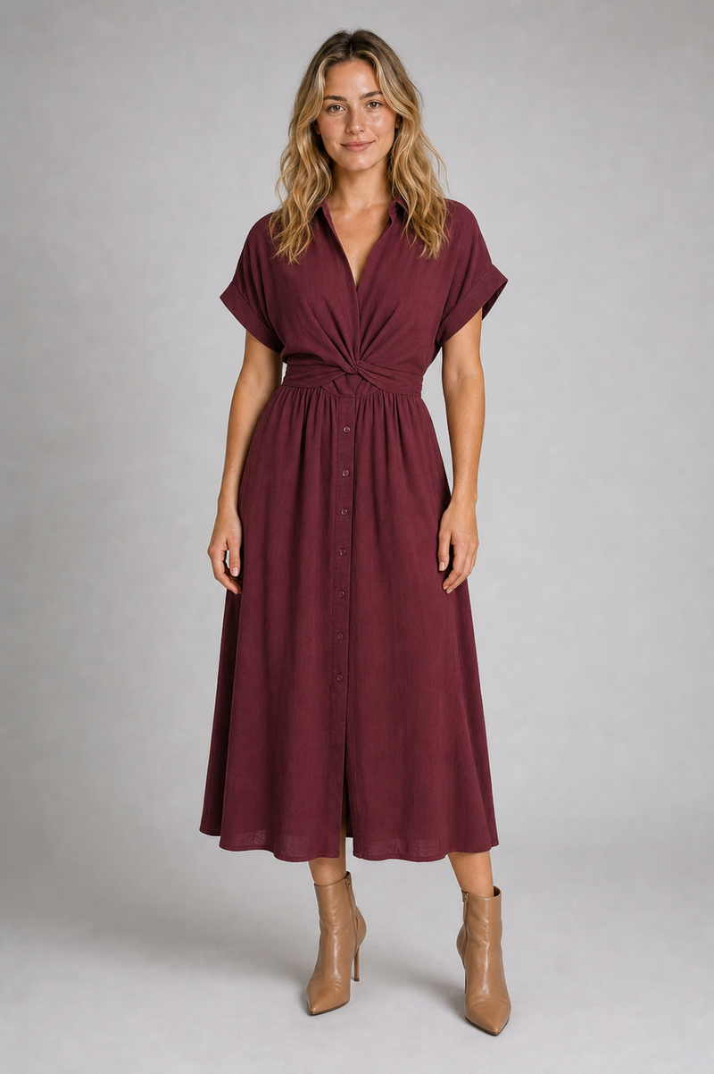 Mila Twist-Waist Midi Dress | Women's Button-Front Day Dress