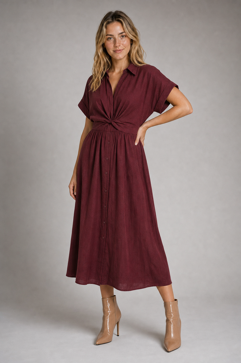 Mila Twist-Waist Midi Dress | Women's Button-Front Day Dress