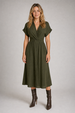 Mila Twist-Waist Midi Dress | Women's Button-Front Day Dress in Olive