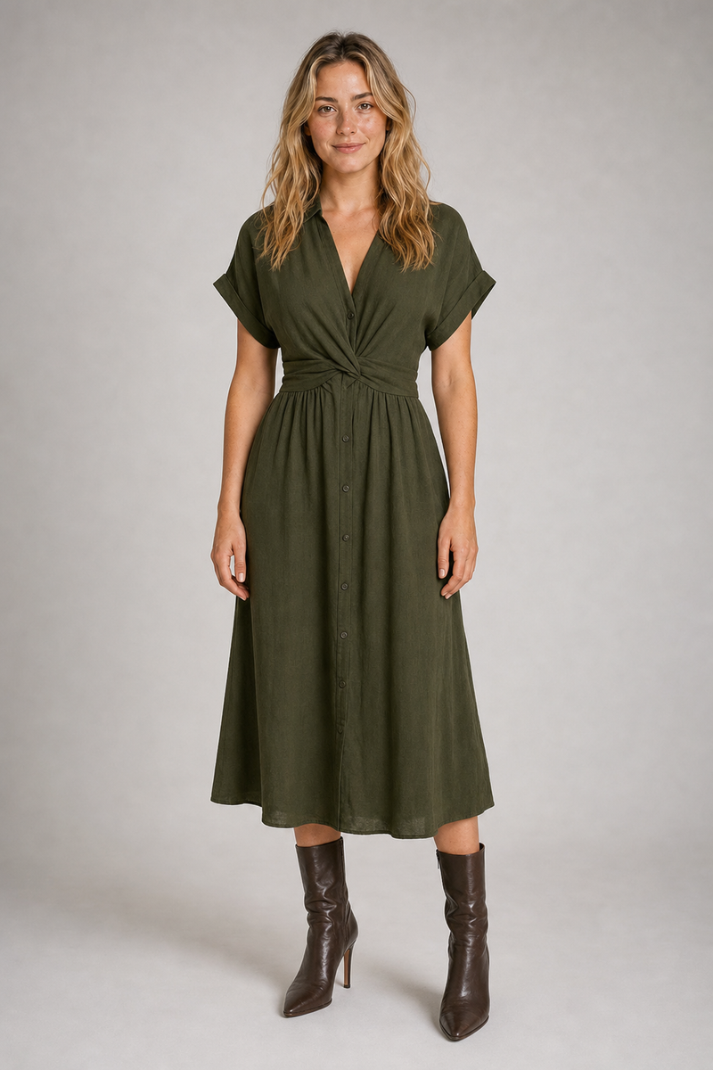 Mila Twist-Waist Midi Dress | Women's Button-Front Day Dress