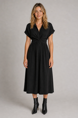 Mila Twist-Waist Midi Dress | Women's Button-Front Day Dress in Black
