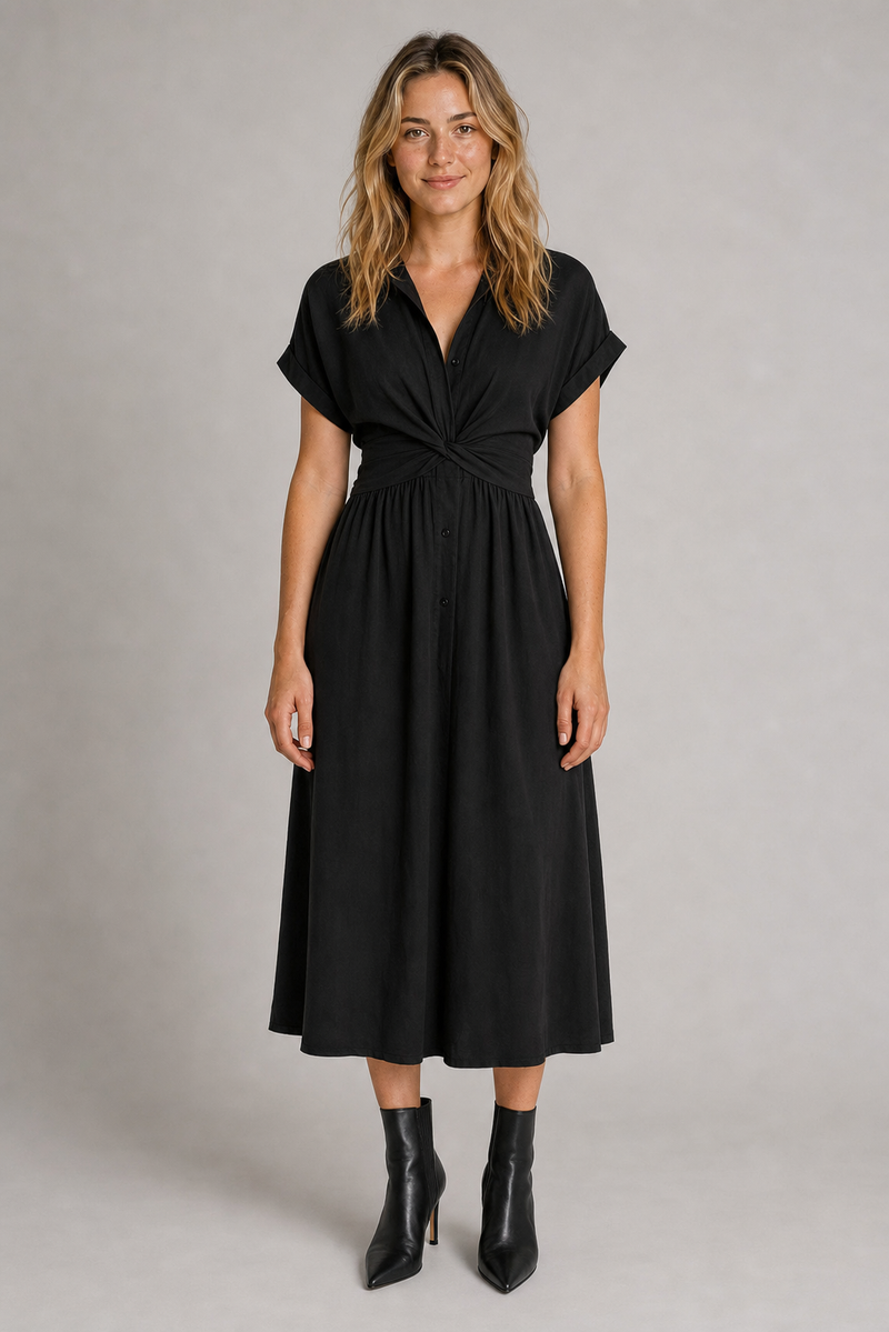 Mila Twist-Waist Midi Dress | Women's Button-Front Day Dress
