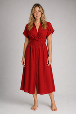 Mila Twist-Waist Midi Dress | Women's Button-Front Day Dress in Red