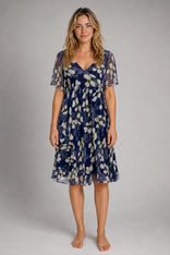 Scarlett Floral Midi Dress | Women's Flutter-Sleeve A-Line Dress in Navy Blue